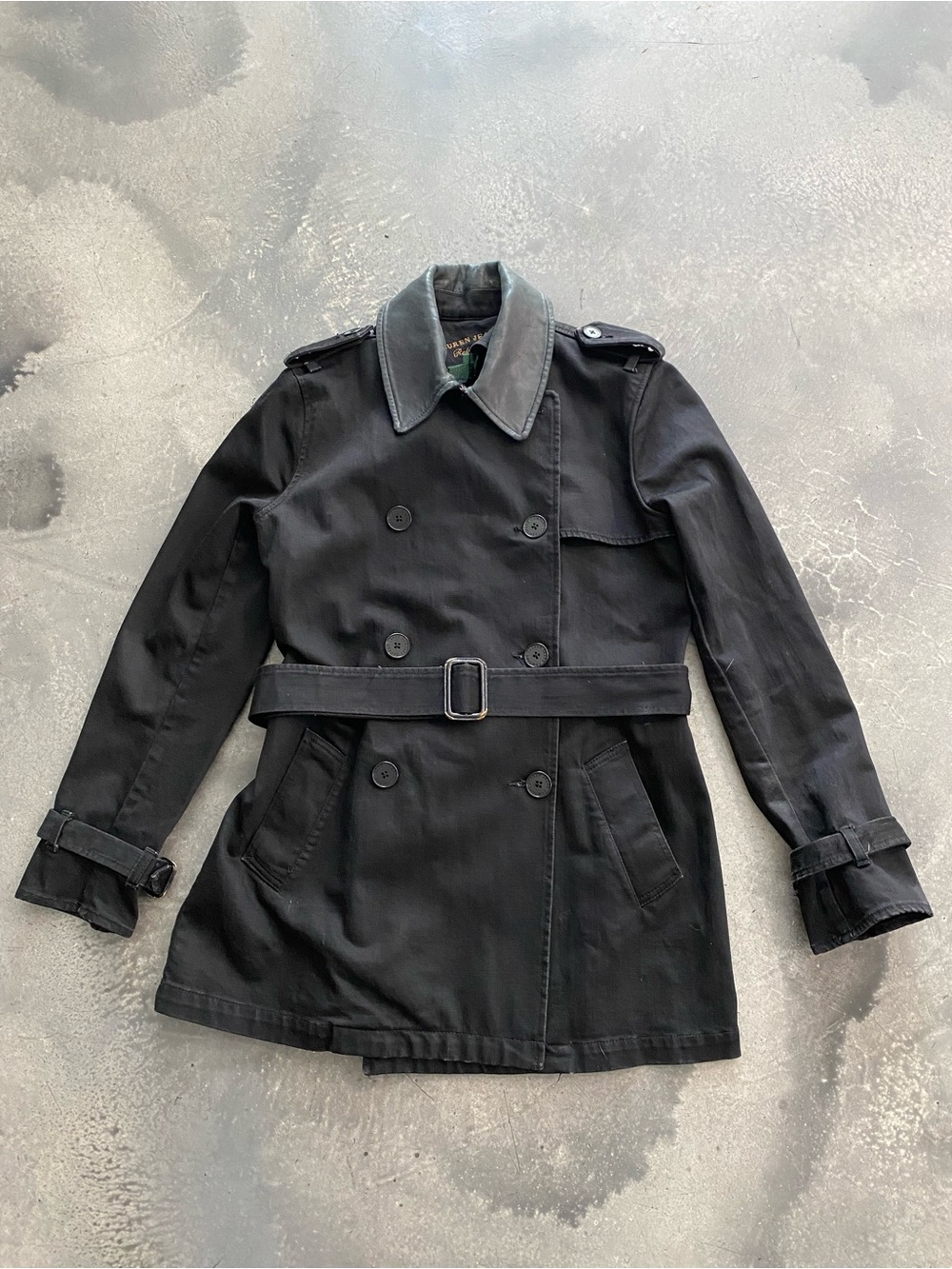 Vintage RALPH LAUREN JEAN CO  Black Denim Leather Collar Belted Double Coat Sz S